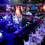 Large indoor event space with tables